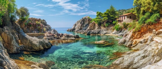 The serene coastal landscape with crystal-clear waters and rocky shorelines.