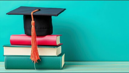 Graduation cap resting on a stack of books symbolizing empowering education programs and future opportunities. Graduation Cap on Books – Animated Video Version