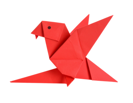 Bright red origami bird showcasing paper art.