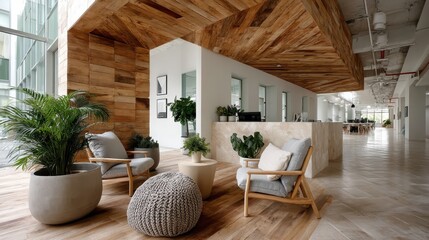 An open, inviting office space featuring warm wood accents and greenery, designed to create a refreshing and comfortable working environment for productivity.