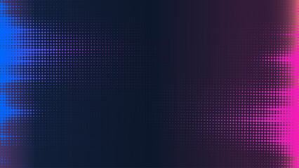 Abstract halftone dots vector with neon pink and blue glow, horizontal gradient, radial pixel spread, retro screen tilt, and smooth transition