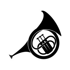black silhouette of a french horn on white backgro.svg