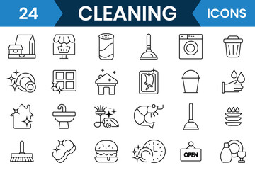 Cleaning icons set collection. Washing, and hygiene outline icons such as gloves, spray bottle, sponge, cleaner uniform, plunger, toilet. Vector illustration.