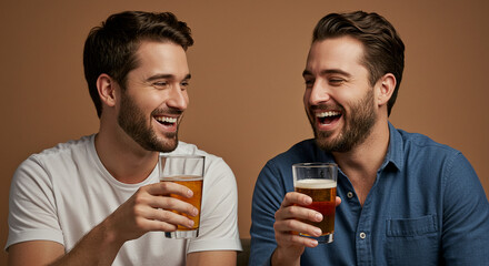Two smiling friends drinking beer and laughing together in studio