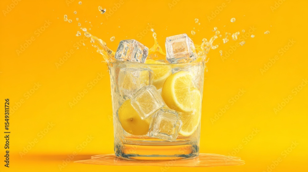 Poster a dynamic shot of ice cubes splashing into a glass of lemonade, capturing the lively movement and th