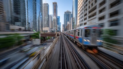 Fototapeta premium A dynamic shot of an electric train in motion, capturing the movement blur as it travels along elevated tracks in a bustling city setting.