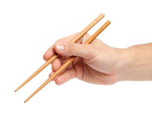 Hand holding chopsticks for eating food.