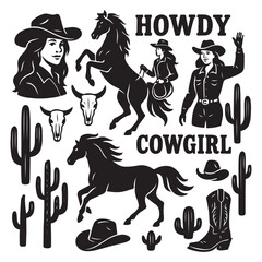 Western vector graphic set featuring cowgirls, horses, cacti, skulls, hats, boots, and "Howdy" & "Cowgirl" typography. 
Perfect for stickers, t-shirt designs vector silhouette