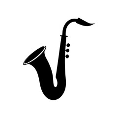 black silhouette of a saxophone on white backgroun.svg