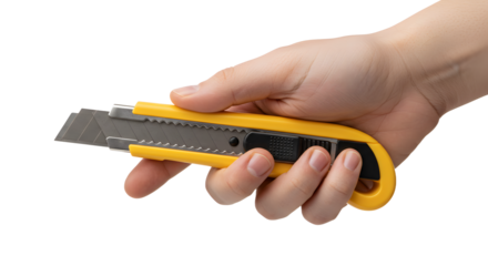Holding Box Cutter Tool with Yellow Handle on White Background