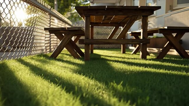 Picnic Table in Sunlight: A wooden picnic table and benches cast long shadows on a patch of lush green grass bathed in the golden light of the sun, creating a serene and inviting outdoor space.