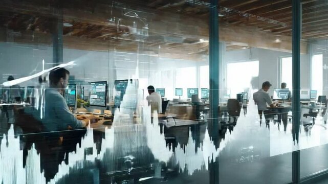 Busy office: Men and women work diligently at their computers, forming a team committed to their tasks in a modern workspace, and a table reflecting the city skyline