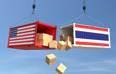 Trade conflict concept with American and Thailand cargo containers crash. 3D illustration