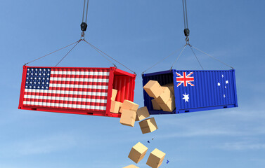 Trade conflict concept with American and Australia cargo containers crash. 3D illustration