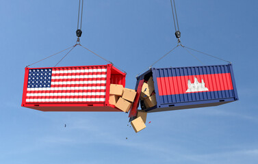 Trade conflict concept with American and Cambodia cargo containers crash. 3D illustration