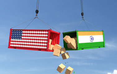 Trade conflict concept with American and India cargo containers crash. 3D illustration