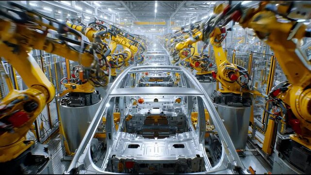 Automated robotic arms operate efficiently in an assembly line, working on vehicle frames with precision in a high-tech manufacturing environment. The synchronized movements ensure accuracy