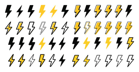 Modern Lightning Bolt Icons Collection: Black and Yellow, Solid and Outline