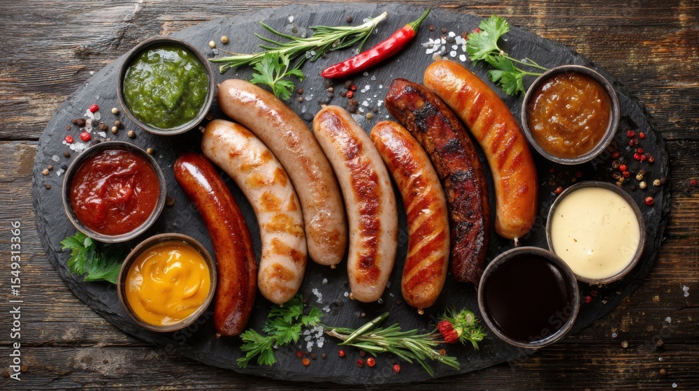 Poster A flat lay of a variety of sausages, including spicy and mild, with accompanying sauces and condiments arranged around them for a perfect picnic setup.