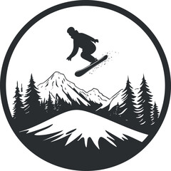 Silhouette of a snowboarder jumping over a snowy hill with mountain and pine tree background in circular frame