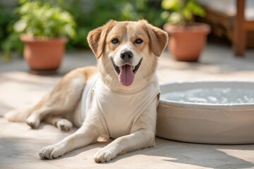 Dog in cooling vest lying near shallow pool to prevent Dog Heatstroke during heatwave, Selective Focus
