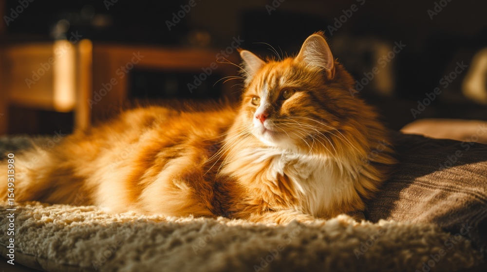 Poster a fluffy fat cat lounging comfortably on a plush cushion, its soft fur catching the sunlight, creati