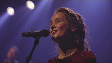 A talented singer smiles and raises her hand towards an enthusiastic crowd, showcasing her connection with the audience during an exhilarating live performance at a music venue
