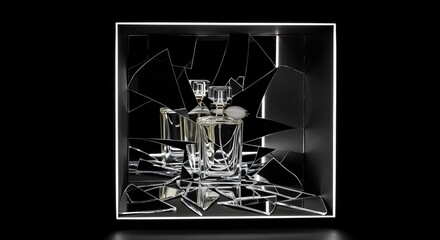 Perfume bottle inside shattered glass box with dramatic lighting, bold luxury product concept.