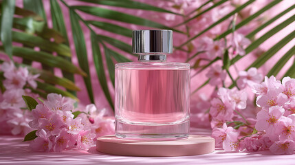 Perfume bottle with cherry blossoms and palm leaves on pink background