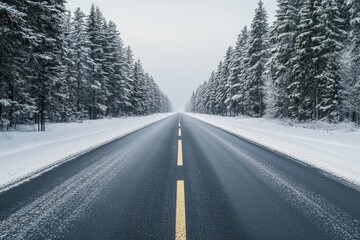 Snowy road through a pine forest