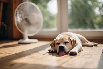 Dog lying tired near fan on hot summer day, showing signs of Dog Heatstroke and exhaustion, Selective Focus