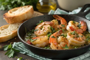 Garlic butter shrimp sizzle in cast iron pan