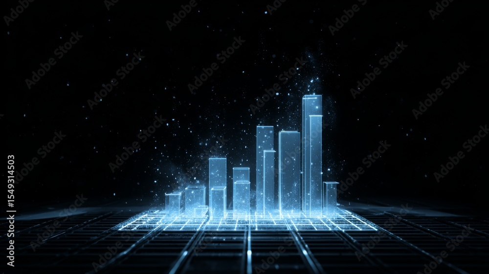 Poster A futuristic D bar graph with digital effects, showing bars rising from a glowing grid, set against a dark starry background for a high-tech and innovative look.
