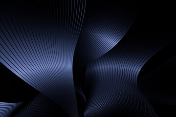 Abstract deep dark blue and black background featuring elegant curved striped metallic surfaces, creating a shadowy dimensional fluid flow