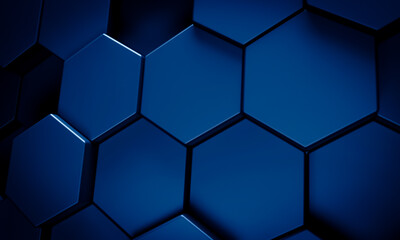 Abstract dark blue geometric background with raised hexagonal honeycomb pattern representing technology science or futuristic texture