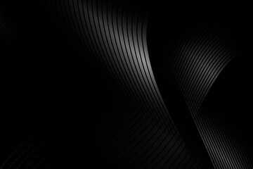 Abstract black background featuring elegant smooth flowing metallic or carbon fiber curves and illuminated lines for modern minimal design