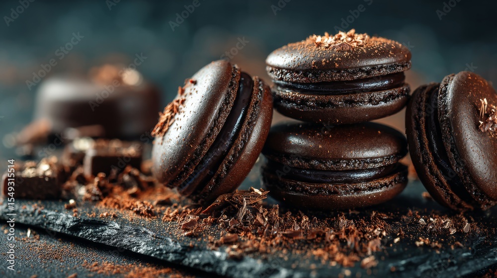 Poster A group of chocolate macarons with a glossy finish, stacked on a dark slate surface, surrounded by cocoa powder and chocolate shavings for a rich, decadent look.