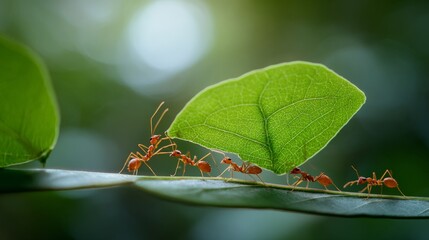 A group of ants working together to cut and carry pieces of a leaf, with a soft green background of leaves and plants in the forest