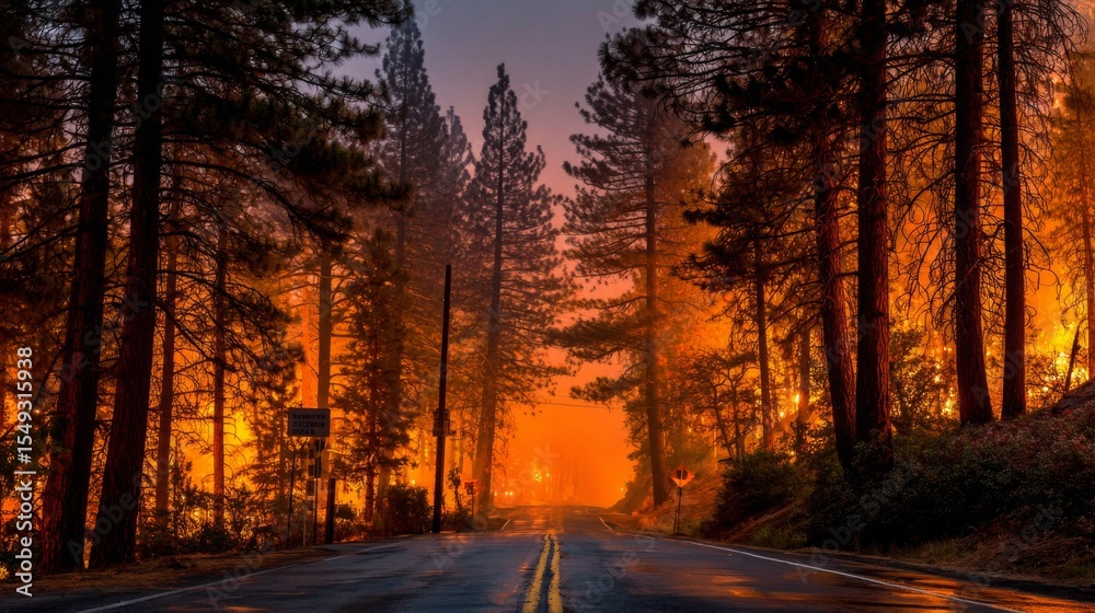 Poster a haunting view of a forest road lined with smoke from a nearby wildfire, with trees silhouetted aga