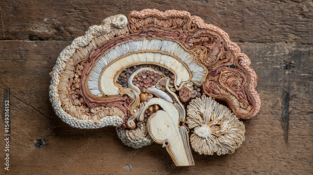 Poster a high-resolution image of a human brain dissected to reveal its internal structures, including the 
