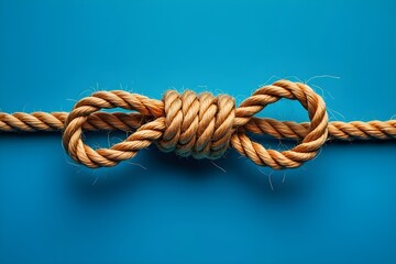 Obraz premium A tan rope tied in a knot with loops on a blue background studio shot