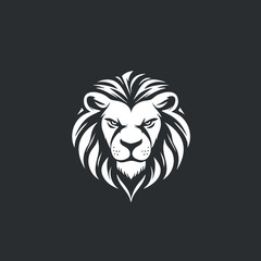 Obraz premium Black and white stylized illustration of a fierce lion head with prominent mane on dark background