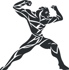 Fototapeta premium Stylized black silhouette of a muscular male figure flexing muscles in a dynamic bodybuilding pose