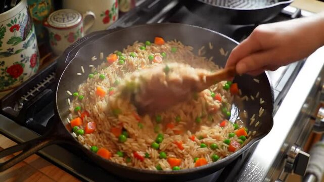 Prepare pilaf in a large frying pan. A dish of rice and pieces of vegetables. Steam comes from a hot lunch. Home kitchen. Pilaf is stirred with a wooden spatula