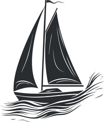 Black and white illustration of a sailboat with two sails on water with waves and a flag on the mast