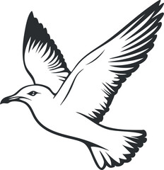 Obraz premium Black and white vector illustration of a seagull bird flying with wings spread wide in flight.