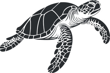 Fototapeta premium Black and white vector illustration of a swimming sea turtle with detailed shell and flippers