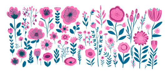 Set of different pink vector flowers . hand drawn. Not AI, Vector illustration