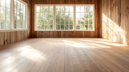 This image showcases a bright and spacious wooden room featuring large windows that allow sunlight to fill the interior, highlighting the beautiful wooden details.