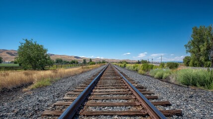 Fototapeta premium A long stretch of railroad tracks disappearing into the distance under a clear blue sky, with a rural landscape on either side